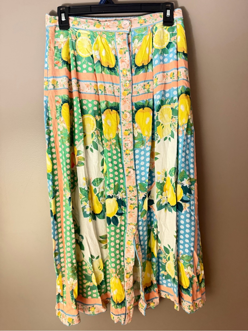 Rose & Olive Lemon & Pear Print Maxi Skirt in Green, Blue & Pink - Picture 4 of 6